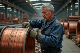 Ouvrier inspectant une bobine de fil de cuivre dans un entrepôt de recyclage industriel