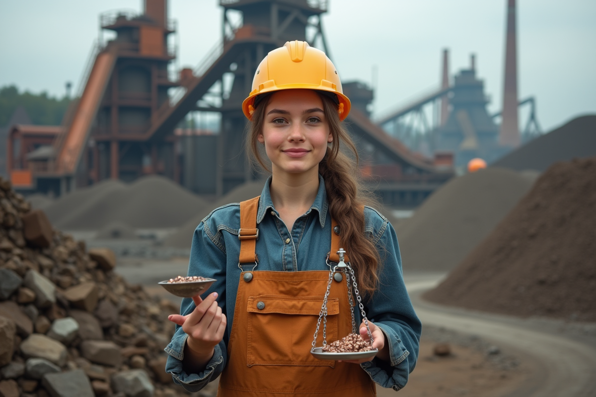Jeune femme en tenue de travail devant une fonderie de cuivre