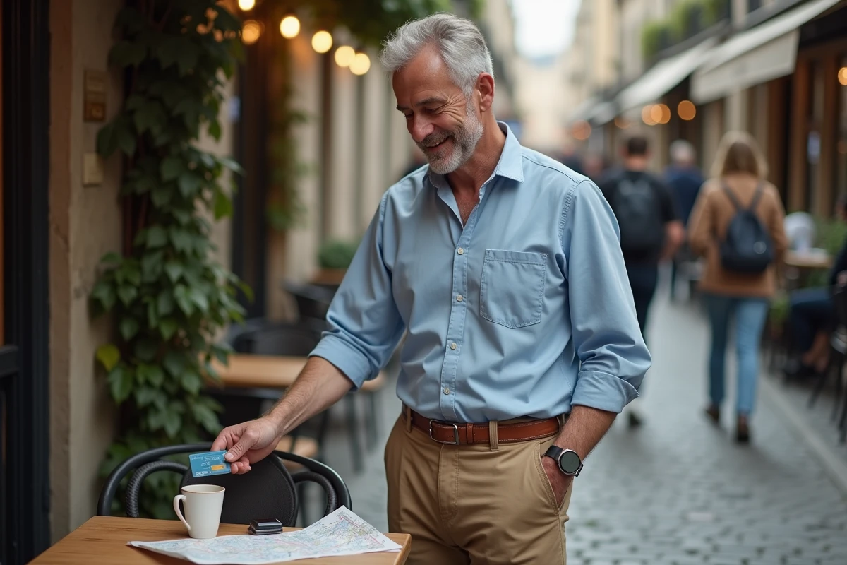 Homme utilisant une carte prépayée sans contact dans un café parisien lors d'un voyage en Europe