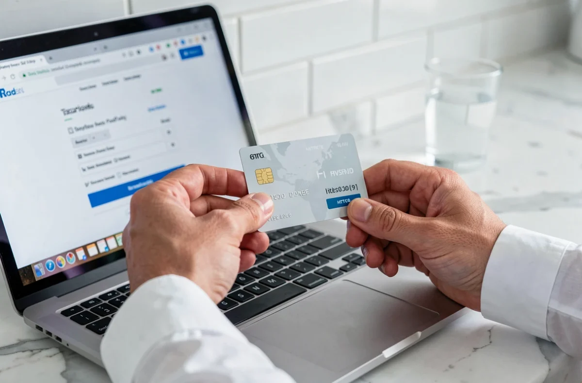 Mains tenant une carte bancaire lors d'un paiement en ligne sécurisé sur ordinateur portable