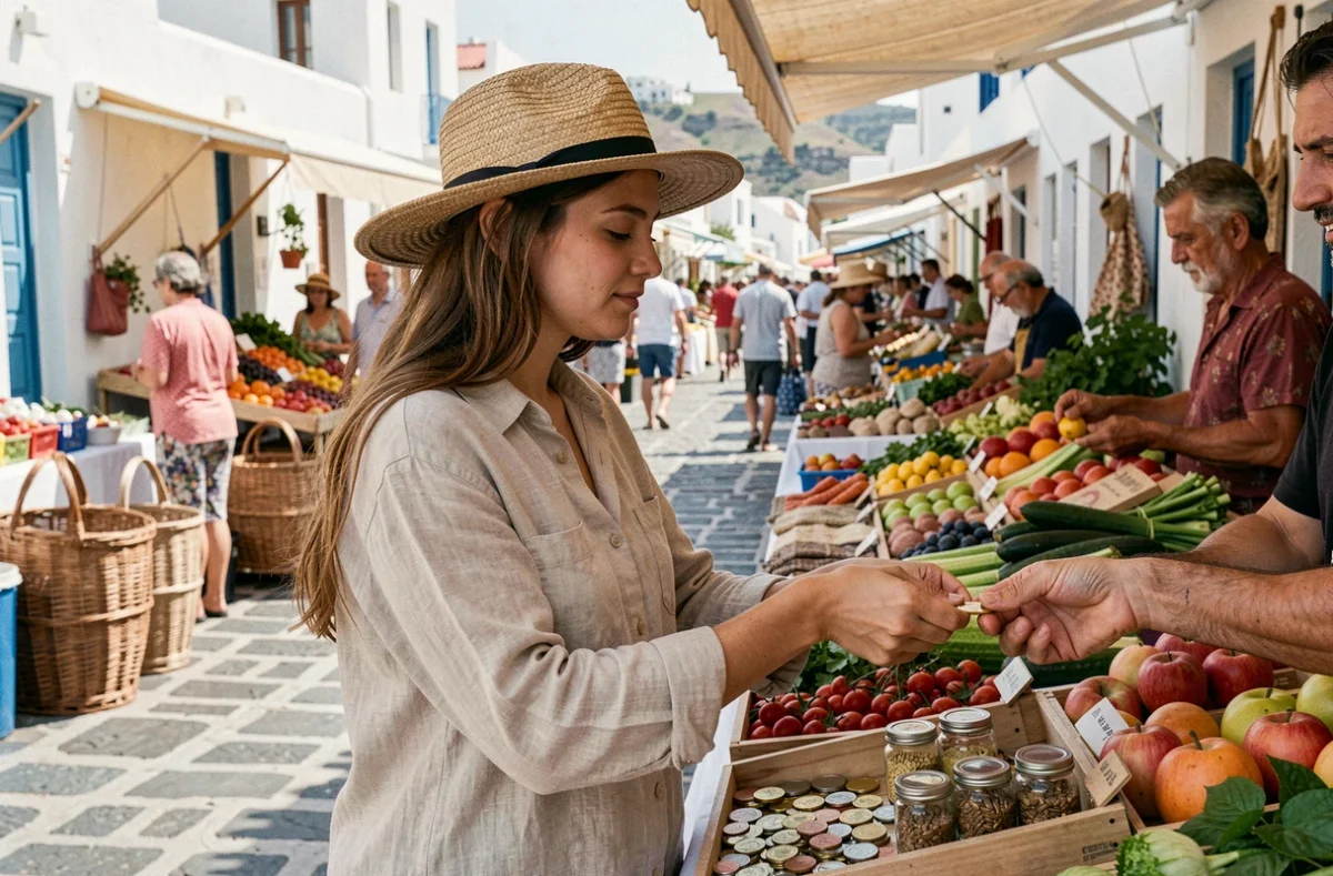 Jeune femme payant en euros à un marché en plein air à Santorin, Grèce, avec des étals colorés et des murs blanchis à la chaux en arrière-plan
