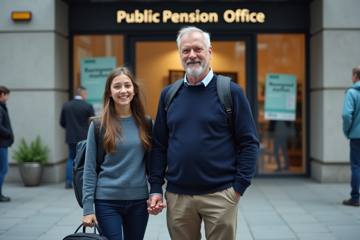 Homme et fille devant un bureau de retraite en ville