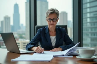Professionnelle examinant des dossiers de subventions philanthropiques dans un bureau moderne en 2026