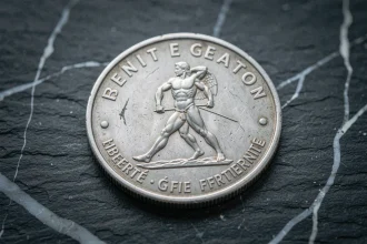 Pièce de 5 francs 1960 en argent posée sur une ardoise, montrant la figure d'Hercule et les inscriptions de la République française