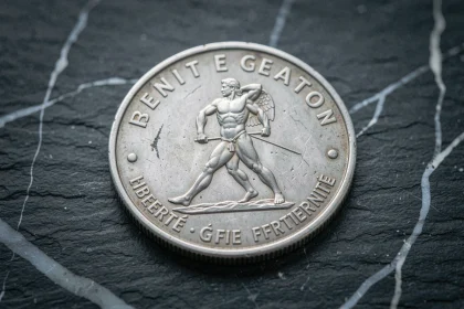 Pièce de 5 francs 1960 en argent posée sur une ardoise, montrant la figure d'Hercule et les inscriptions de la République française