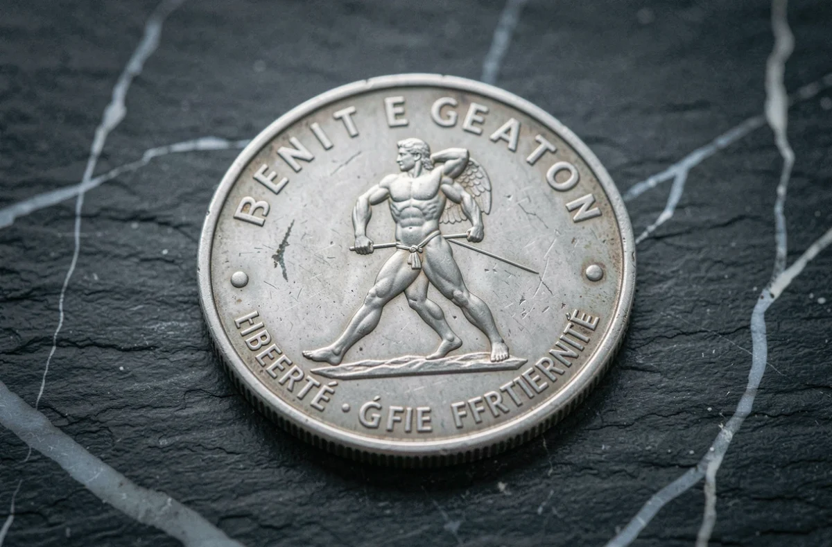 Pièce de 5 francs 1960 en argent posée sur une ardoise, montrant la figure d'Hercule et les inscriptions de la République française