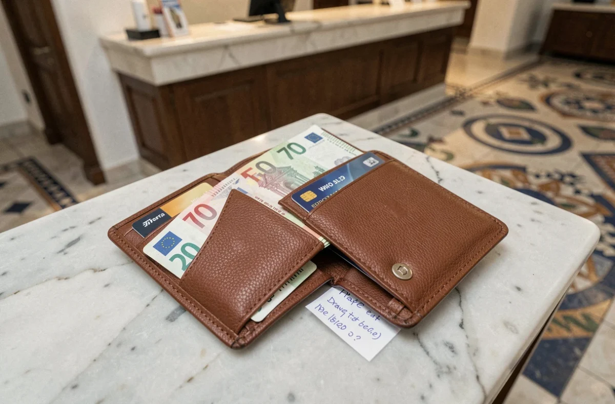 Portefeuille de voyage ouvert contenant des euros et une carte bancaire posé sur un comptoir en marbre dans un hôtel en Grèce