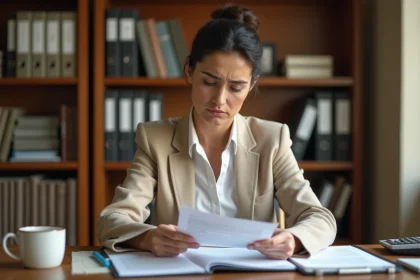 Femme consultant des documents de dette à son bureau à domicile, illustrant la prescription des dettes et les droits des consommateurs face aux agences de recouvrement