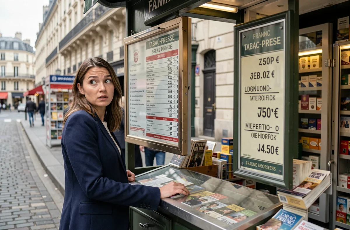 Une femme consulte les prix des cigarettes affichés dans un tabac-presse parisien en France