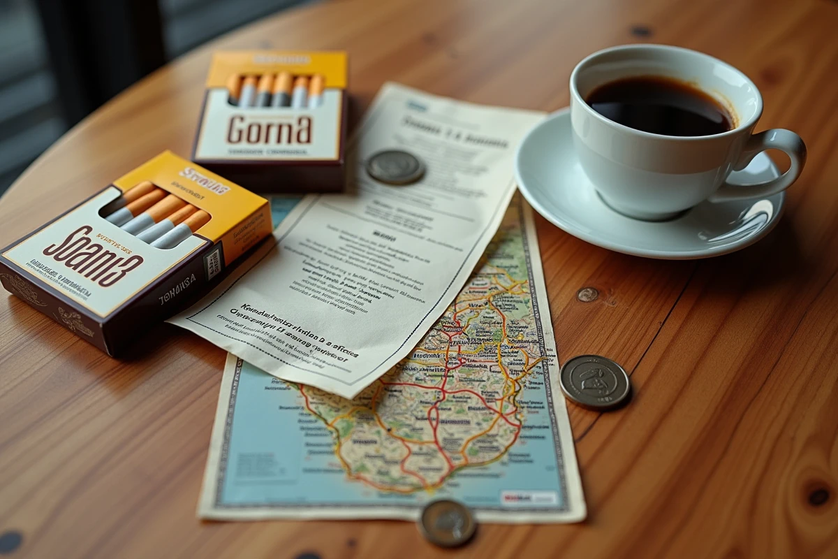 Flat lay de paquets de cigarettes espagnols, pièces en euros et ticket de caisse sur une table de café