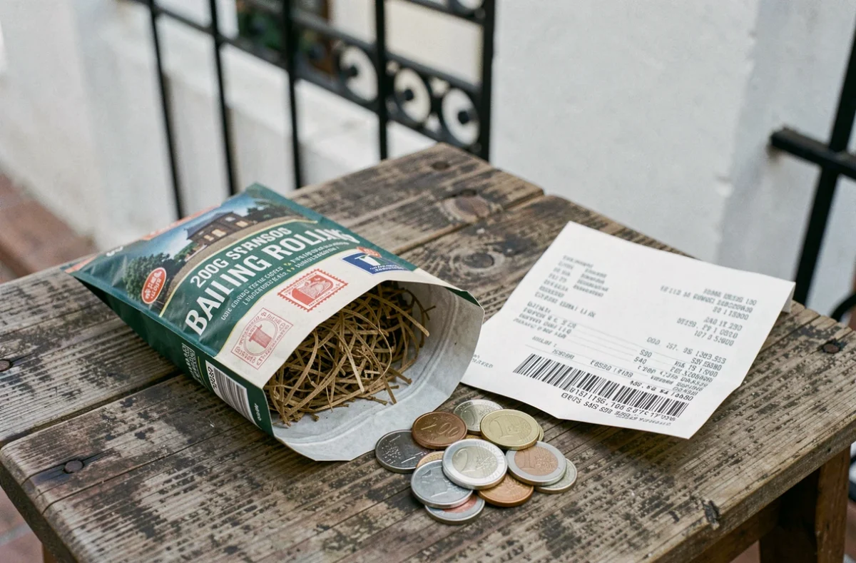 Seau de tabac à rouler espagnol posé sur une table avec des pièces d'euros et un reçu illustrant la hausse des prix