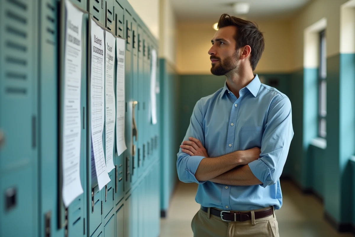 Professeur lisant le calendrier de versement des salaires affiché dans un couloir d'école