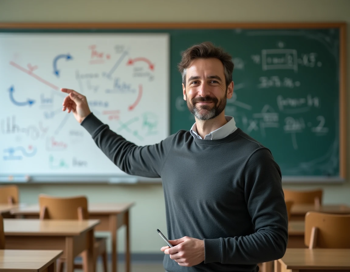 Professeur expliquant la formule du taux d'évolution sur un tableau blanc en classe