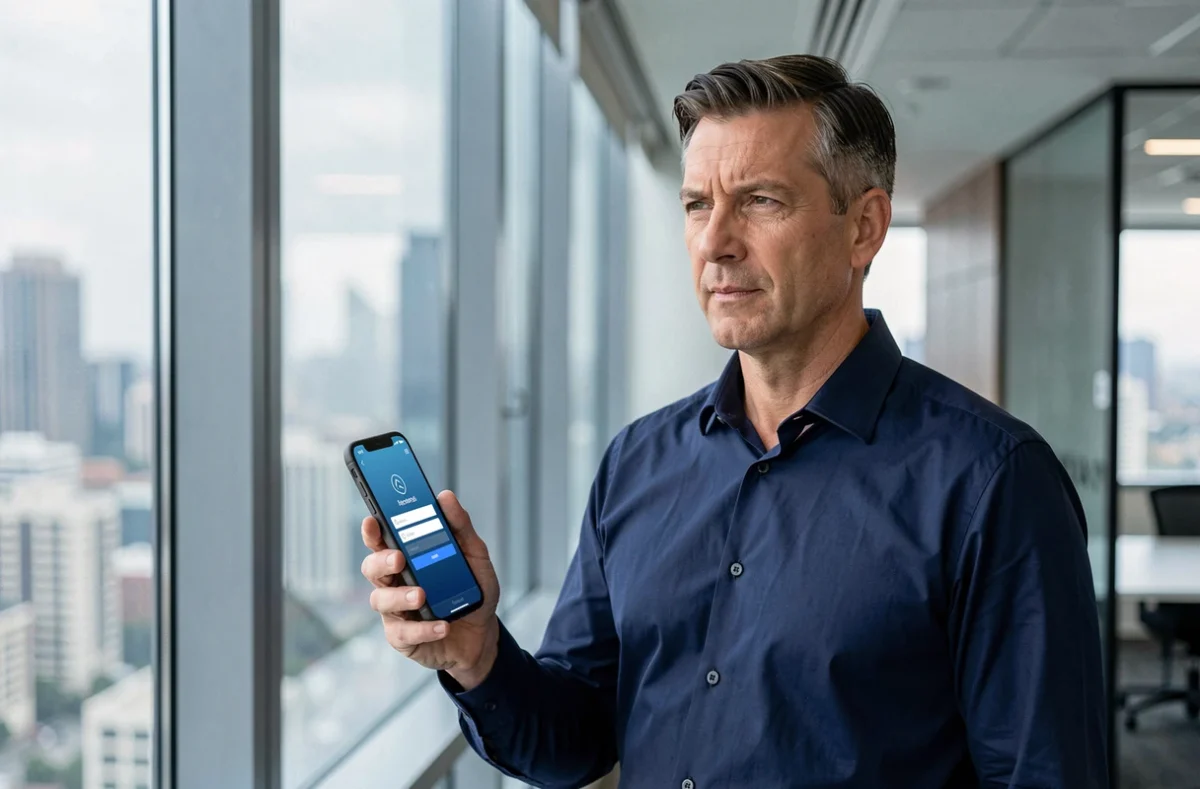 Homme d'affaires accédant à son espace client sécurisé Progéliance sur smartphone en environnement professionnel