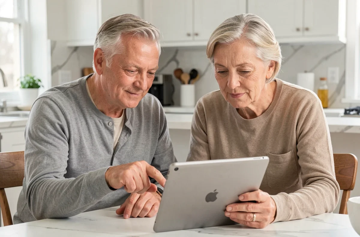 Couple de particuliers gérant leurs opérations en ligne via l'espace client Progéliance sur une tablette dans leur cuisine