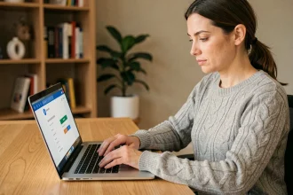 Femme utilisant l'espace client Progéliance sur un ordinateur portable depuis son bureau à domicile