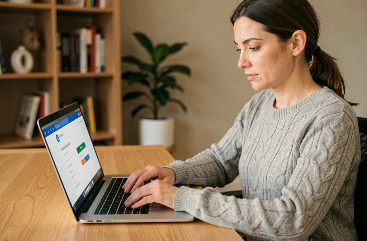 Femme utilisant l'espace client Progéliance sur un ordinateur portable depuis son bureau à domicile