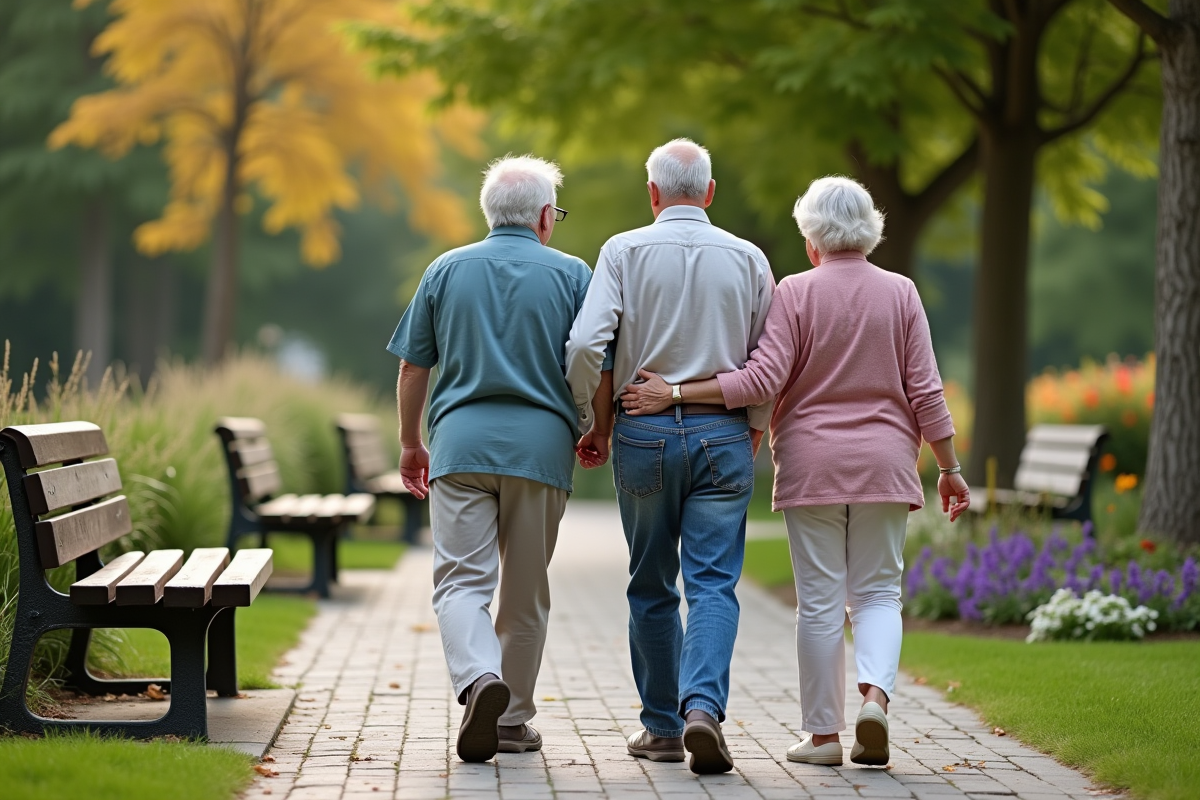 Couple senior marchant dans un parc avec bénévole