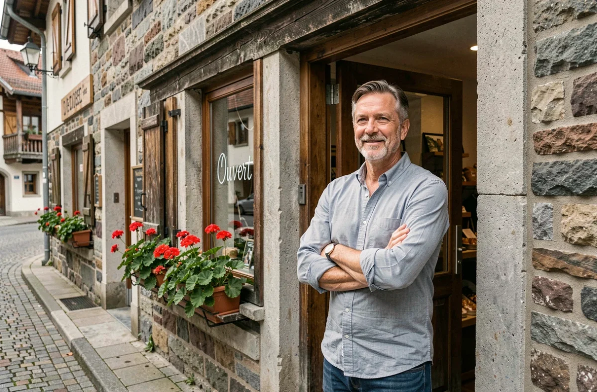 Propriétaire de commerce local devant sa boutique en pierre dans un village suisse, illustrant l'assurance pour les petits commerces