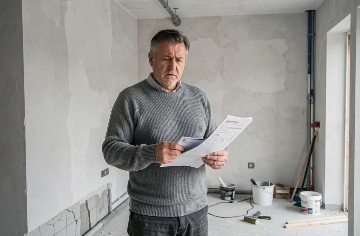Propriétaire tenant des documents de garantie décennale dans une maison en cours de rénovation avec des défauts visibles