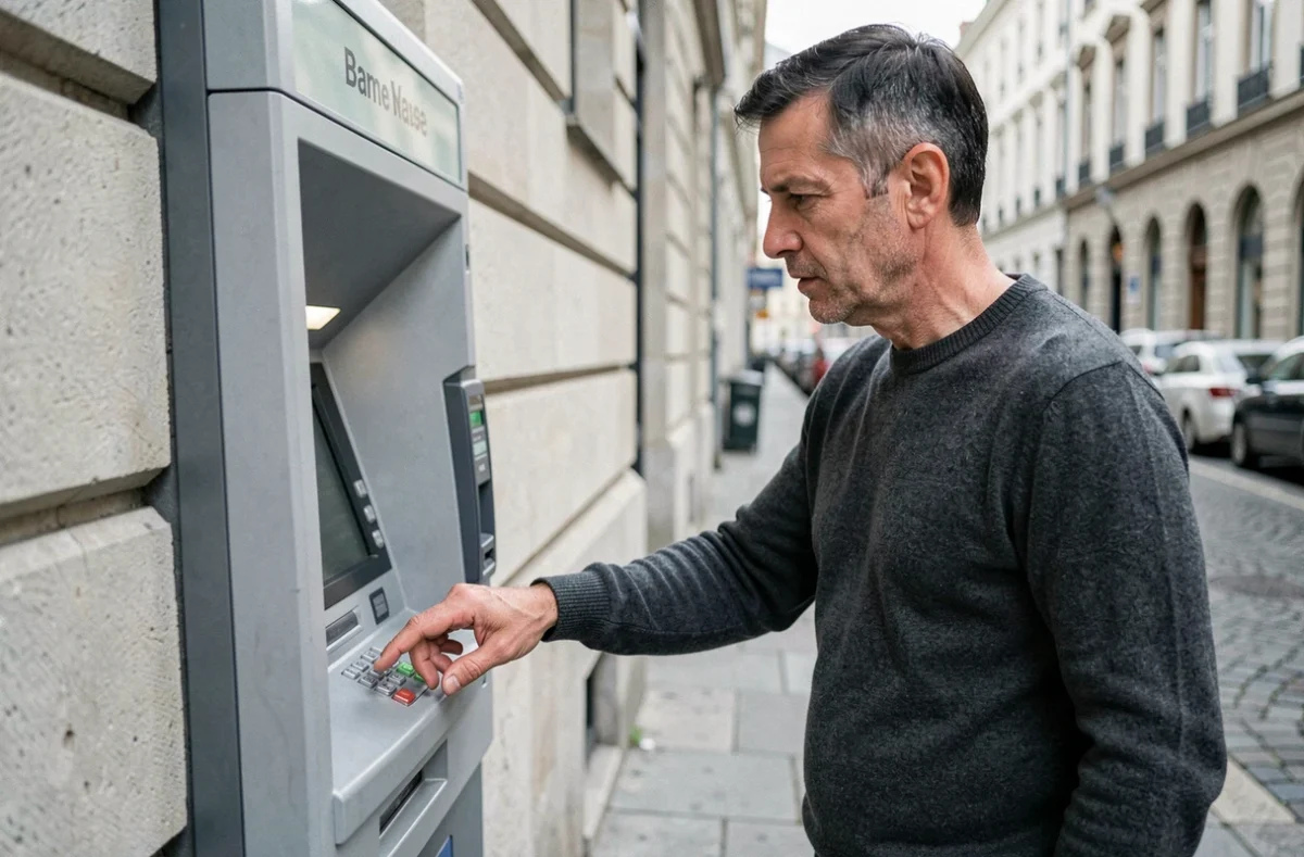 Homme protégeant son code PIN lors d'un retrait au distributeur automatique en ville