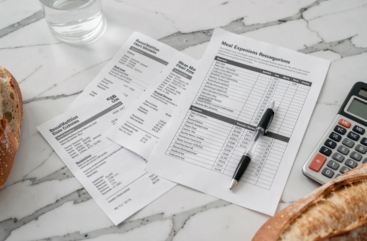 Vue du dessus de reçus de restaurant, guide fiscal et calculatrice pour déclarer les frais de repas aux impôts
