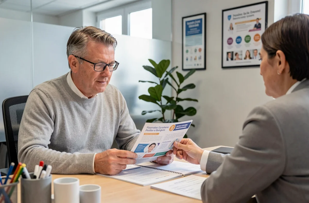 Homme en réunion avec un conseiller mutuelle santé dans un bureau professionnel