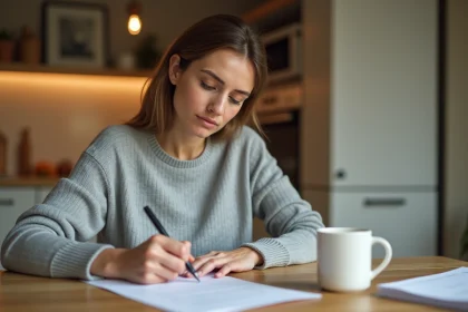 Femme rédigeant une lettre de résiliation d'assurance auto à la maison