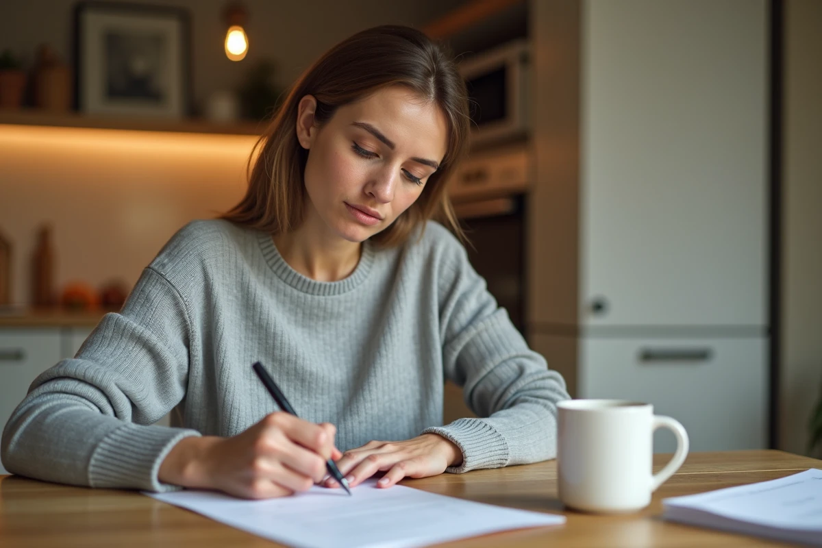 Femme rédigeant une lettre de résiliation d'assurance auto à la maison