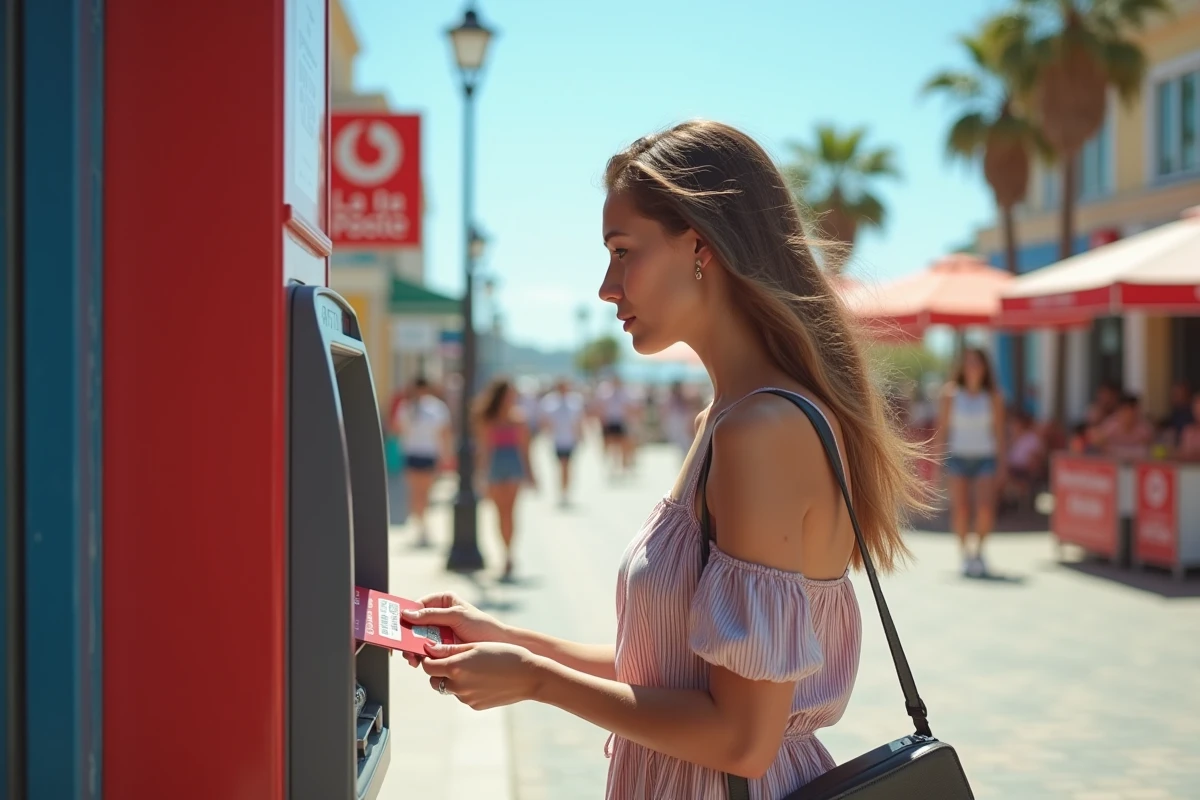 Jeune femme retirant de l'argent avec une carte prépayée La Poste à un distributeur automatique en bord de mer