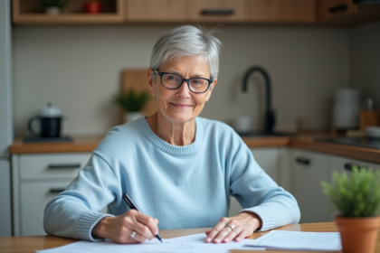 Femme retraitée souriante dans sa cuisine lumineuse