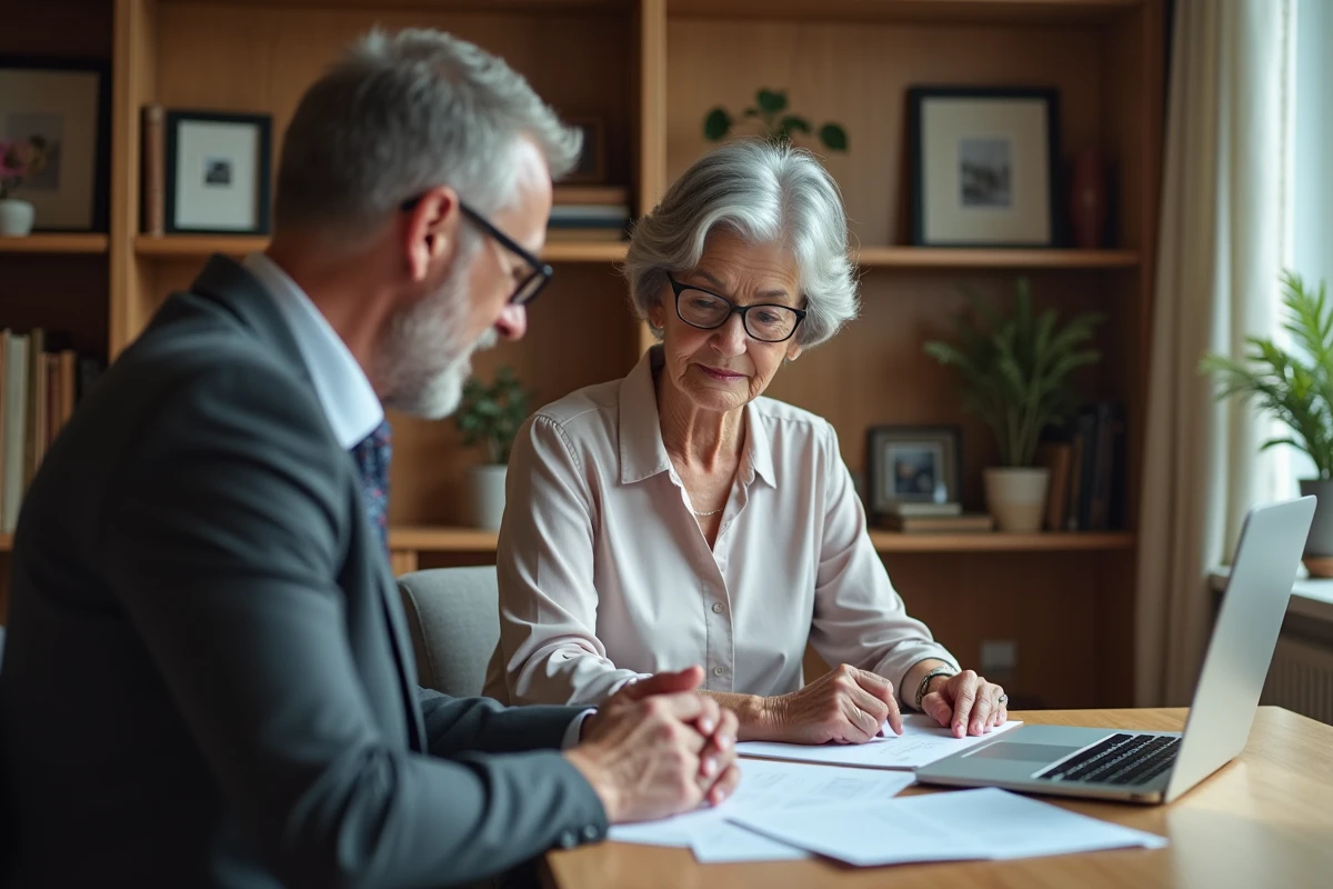 Femme âgée avec un homme en costume dans un bureau chaleureux