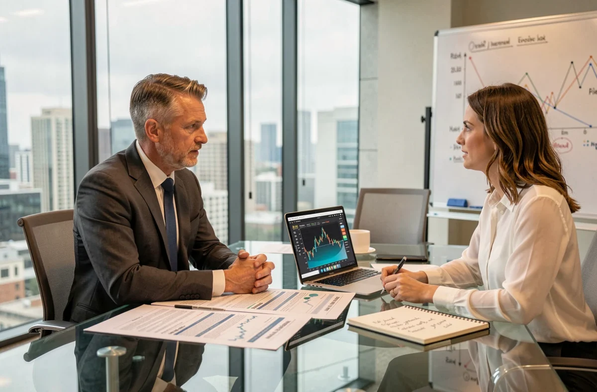 Deux professionnels en réunion analysant les risques d'investissement Bitcoin à l'horizon 2030
