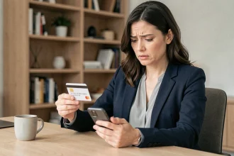 Femme consultant sa carte bancaire et son smartphone pour vérifier la sécurité de ses paiements