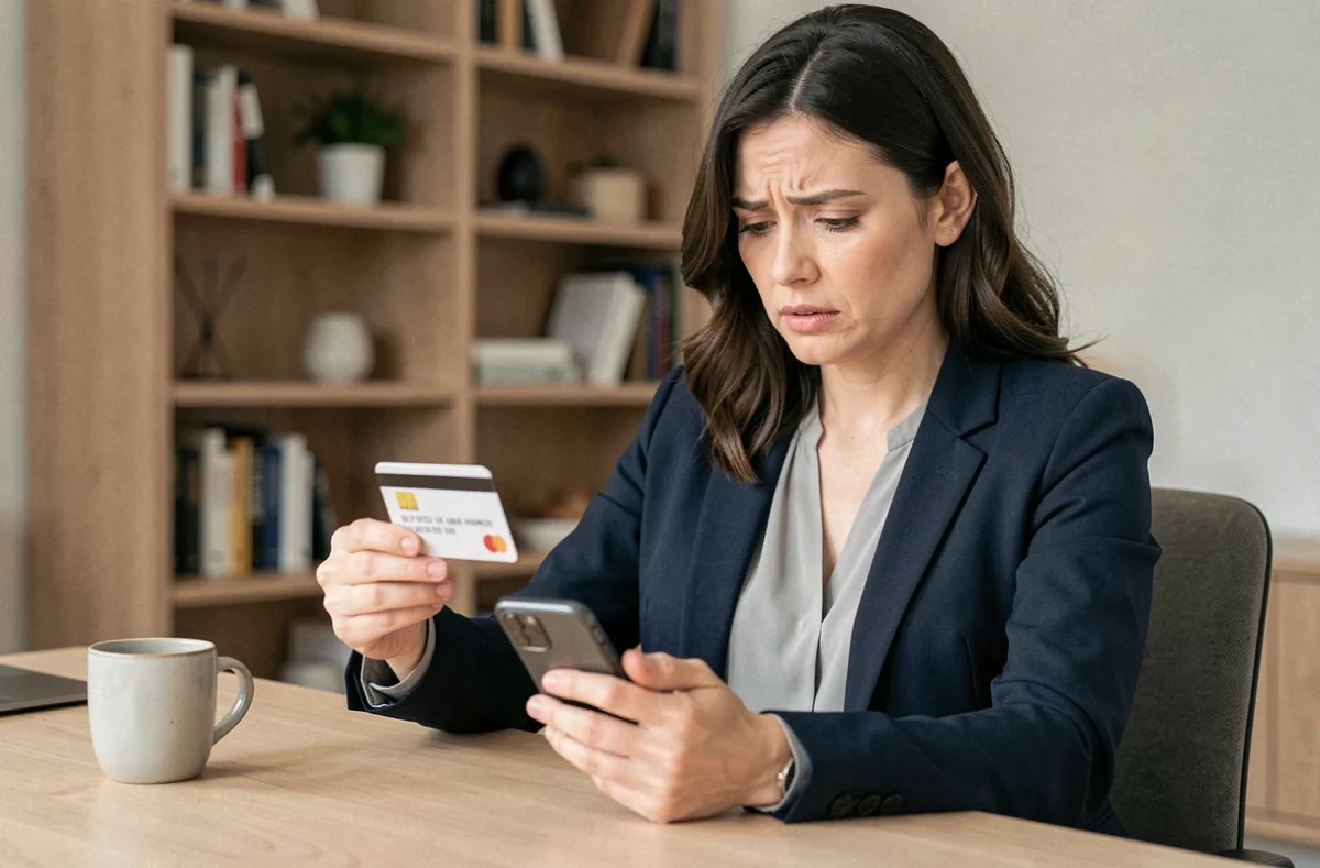 Femme consultant sa carte bancaire et son smartphone pour vérifier la sécurité de ses paiements