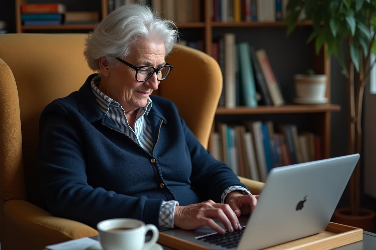 Femme senior activant son espace bancaire Logitelnet Société Générale depuis son salon
