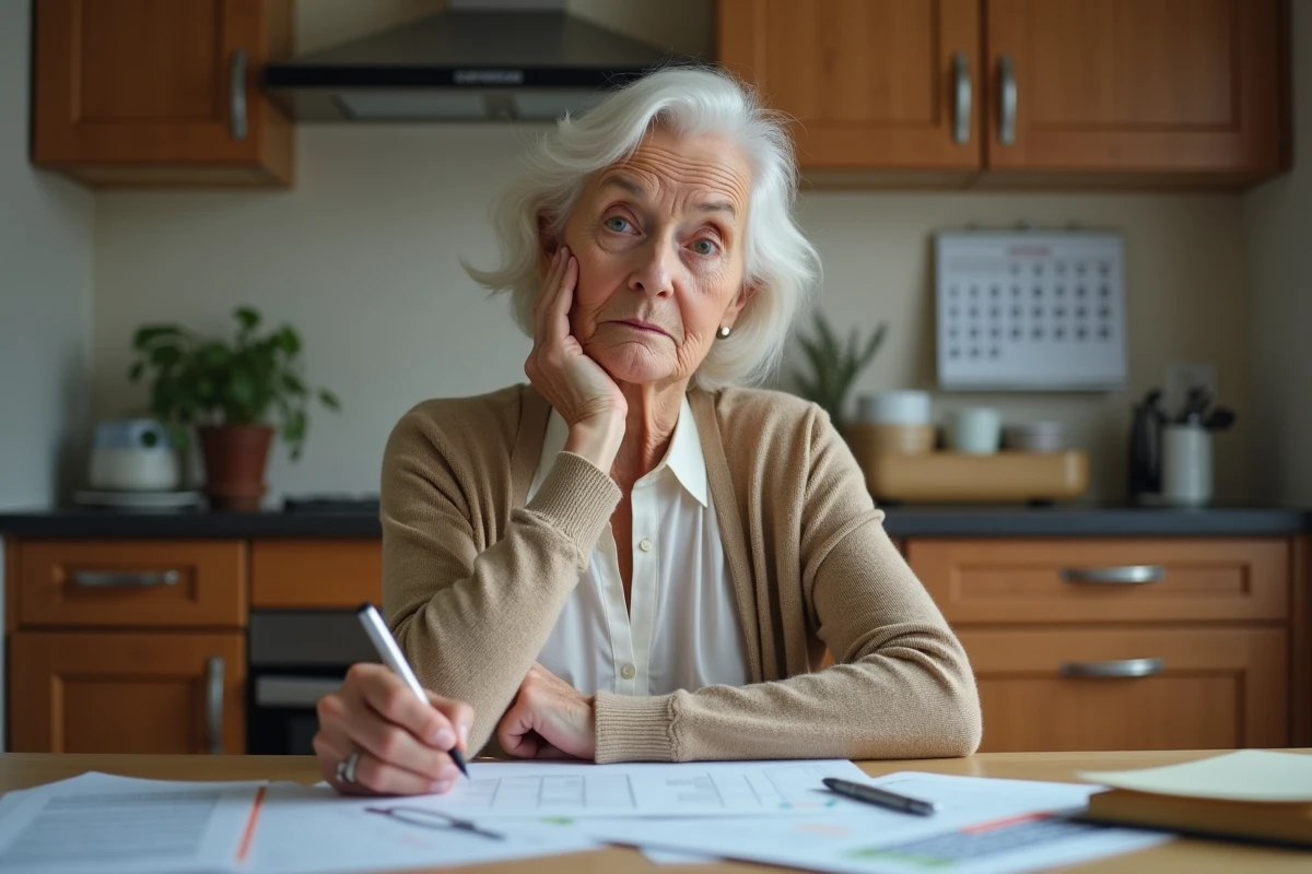 Femme senior examine ses papiers de pension à la maison