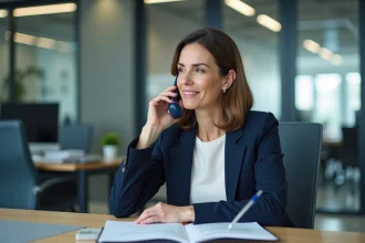 Conseillère du service client Cofica Bail au téléphone dans un bureau professionnel moderne