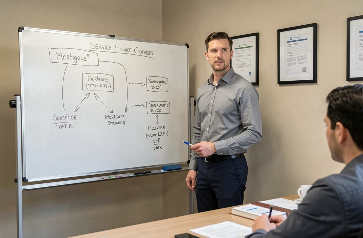 Un conseiller Service Finance explique un plan de financement immobilier à un client dans une agence de proximité à Paris