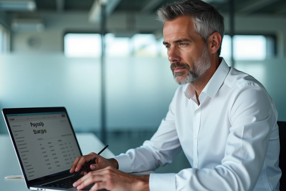 Homme utilisant un simulateur de salaire net SMIC sur ordinateur portable dans un bureau professionnel