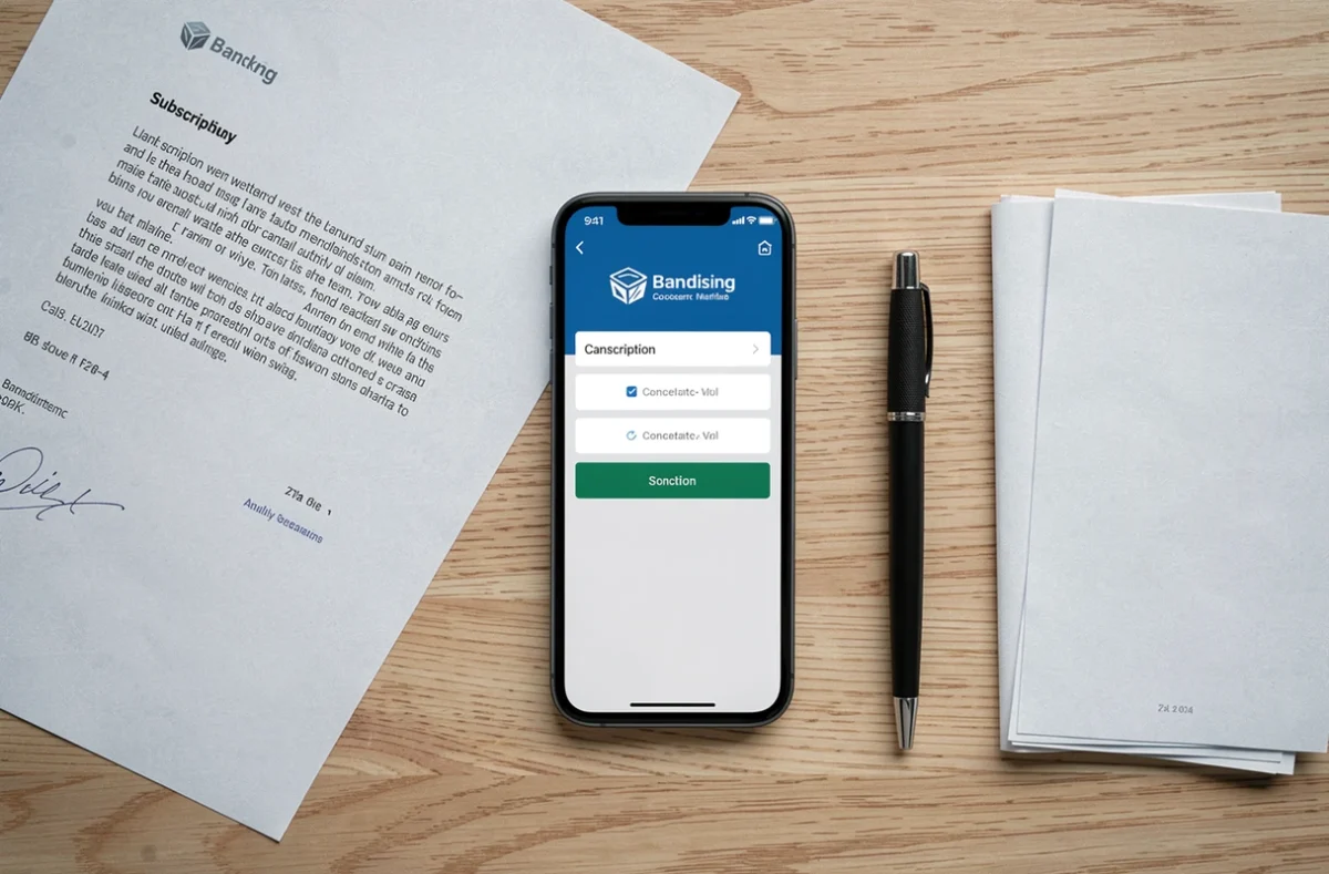 Vue aérienne d'un smartphone et de documents de résiliation d'abonnement posés sur un bureau en bois clair