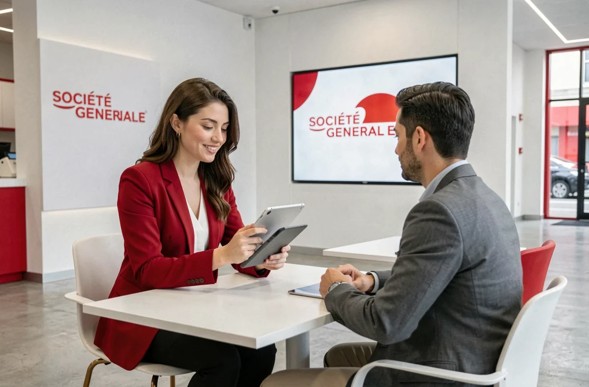 Conseillère de la Société Générale en rendez-vous avec un client dans une agence moderne et épurée