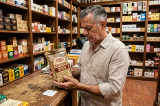 Un homme d'âge mûr examine un seau de tabac à rouler dans un estanco espagnol avec une étiquette de prix visible
