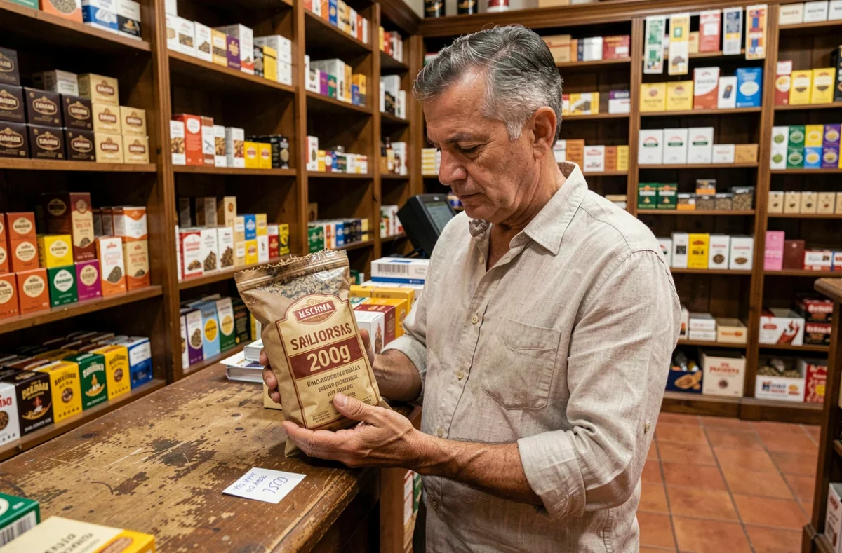 Un homme d'âge mûr examine un seau de tabac à rouler dans un estanco espagnol avec une étiquette de prix visible