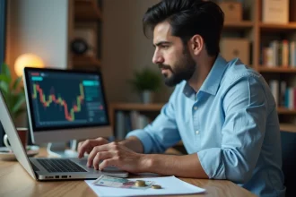 Homme consultant le taux de change dirham marocain euro sur un ordinateur portable avec des billets et pièces de monnaie sur un bureau en bois