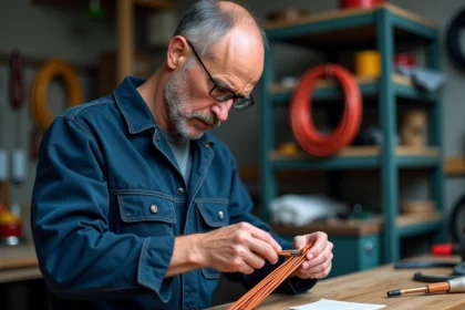 Technicien en overalls examinant des câbles en cuivre isolés