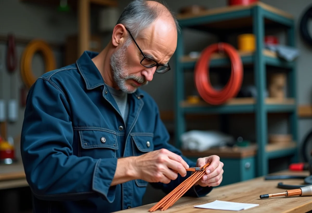 Technicien en overalls examinant des câbles en cuivre isolés
