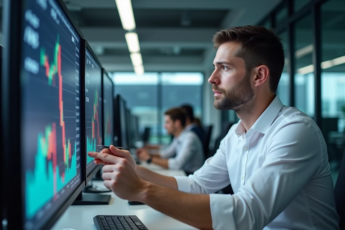 Trader professionnel analysant des graphiques de turbos en bourse sur plusieurs écrans dans un bureau financier moderne