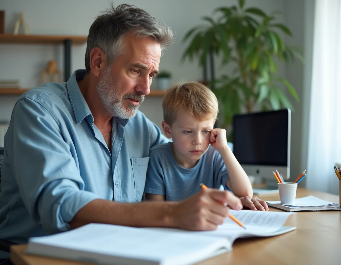 Père tuteur montrant une erreur de mathématiques à son fils dans un bureau à domicile