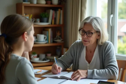 Tutrice et adolescente travaillant ensemble sur des devoirs à la maison, papiers éparpillés sur une table en bois